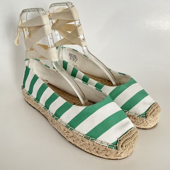 Draper James Platform Women 10M Green White Awning Stripe Tie Ankle Espadrille - Picture 12 of 12